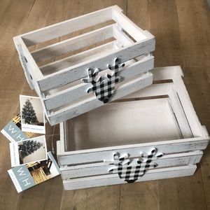 🖤🤍🖤 Christmas Buffalo Plaid Reindeer Set of 2 Wooden Crate Boxes 🖤🤍🖤 NWT